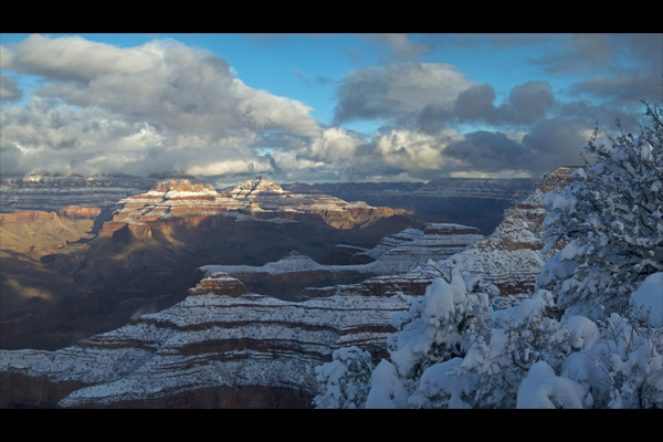 Sweeping vista of the Grand Canyon in the snow, with low-hanging clouds.