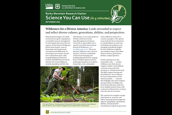 Science You Can Use in 5 Minutes cover page. Text from article and photo of woman pushing a trail accessibility assessment device along a trail in the forest.