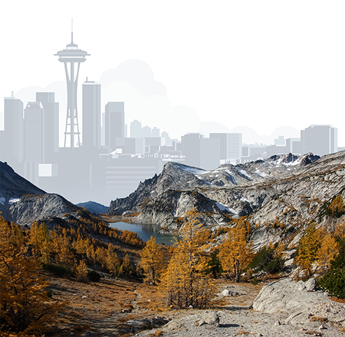 Alpine lake and high peaks set against a graphic image of a city scape
