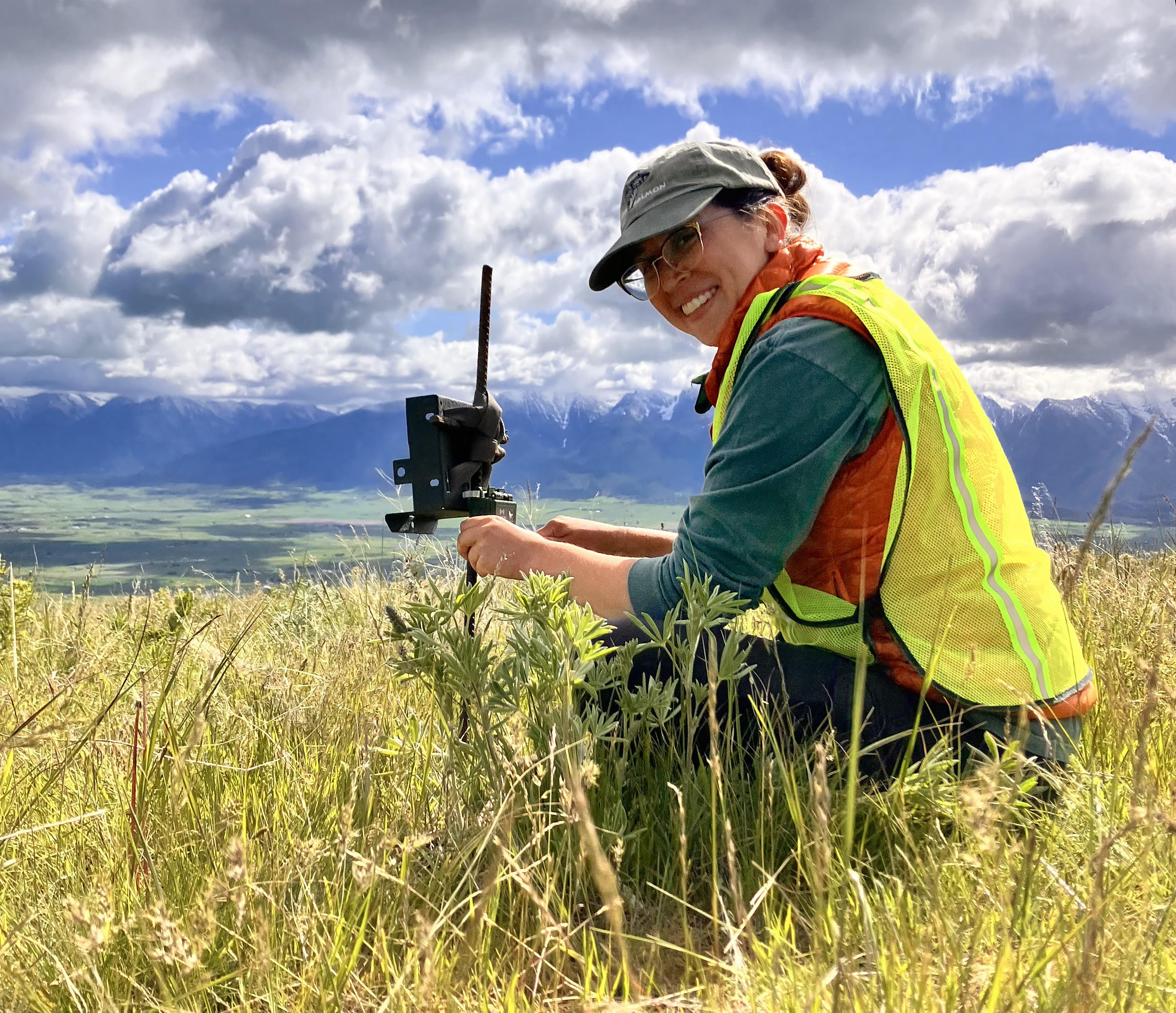 Woman in yellow vest sets up scientific equipment in a meadow, overlooking mountain-flanked valley, on Séliš and Ql̓ispe land . 